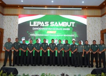 Brigjen TNI Supriono, S.IP., M.M saat menghadiri acara lepas sambut Dandenkesyah 02.04.02 di Gedung Balai Prajurit Korem 042/Gapu Telanai Pura Kota Jambi, Kamis (5/1/2022). [Dok Penrem 042/Gapu]