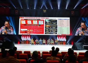Kapolri, Jenderal Listyo Sigit Prabowo, saat memaparkan strategi kepolisian dalam melakukan mitigasi inflasi di Indonesia, di SICC Sentul, Jawa Barat, Selasa (17/1/2023). (Foto Humas Polri)