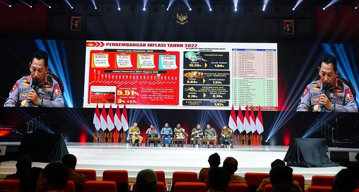 Kapolri, Jenderal Listyo Sigit Prabowo, saat memaparkan strategi kepolisian dalam melakukan mitigasi inflasi di Indonesia, di SICC Sentul, Jawa Barat, Selasa (17/1/2023). (Foto Humas Polri)