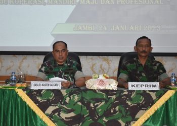 Rapat Anggota Tahunan Tutup Buku Tahun 2022 Primer Kartika Garuda Putih, di Balai Prajurit Korem 042/Gapu, Jalan Jenderal Urip Sumoharjo, Kelurahan Sungai Putri, Kecamatan Danau Sipin, Kota Jambi, Selasa (24/1/2023). (Dok Penrem 042/Gapu/Hatta)