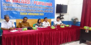 Sosialisasi Pendaftaran Tanah Sistematis Lengkap (PTSL) berbasis partisipasi masyarakat Tahun Anggaran 2023, di Aula Kantor Desa Lagan Tengah, Rabu (25/01/2023). (Foto Misbah)