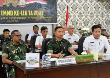 Kasiter Kasrem 042/Gapu saat Ikuti Rakornis Pelaksanaan TMMD Ke-116 Tahun 2023. di ruang Vicon Makorem 042/Gapu, Jambi. Rabu (03/05/2023). (Dok. Penrem 042/Gapu)