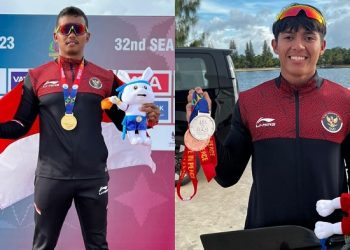 Dua atlet dayung asal Jambi, Subhi dan Joko saat mengangkat medali emasnya dalam SEA Games 2023 Kamboja. (Foto PODSI Provinsi Jambi)