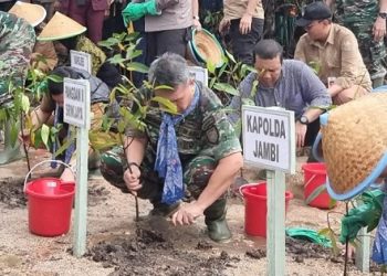 Kegiatan penanaman pohon mangrove nasional yang dilaksanakan di pesisir pantai Kabupaten Tanjungjabung Timur, Provinsi Jambi, Senin sore (15/5/2023). (Foto: Penrem 042/Gapu)
