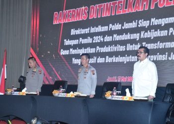 Pembukaan Rakernis Fungsi Intelkam Polda Jambi T.A 2023 di Swissbel Hotel Kota Jambi, Rabu (17/5/2023). (Foto: Humas Polda Jambi)