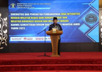 Abdullah Sani saat menghadiri acara Sinergitas dan Penguatan Pembangunan Zona Integritas menuju WBK dan WBBM Kanwil Kemenkumham Jambi di Auditorium Rumah Dinas Gubernur Jambi, Kamis, (15/06/2023), (Foto: Diskominfo/Agus)