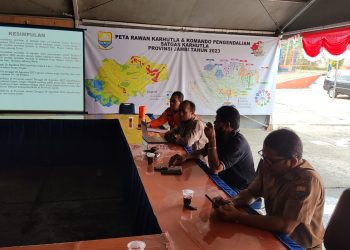 Konferensi pers Satgas Penanggulangan Karhutla Provinsi Jambi di Posko Satgas Darat Karhutla Provinsi Jambi, Selasa (29/8/2023) (Dok, Kominfo)