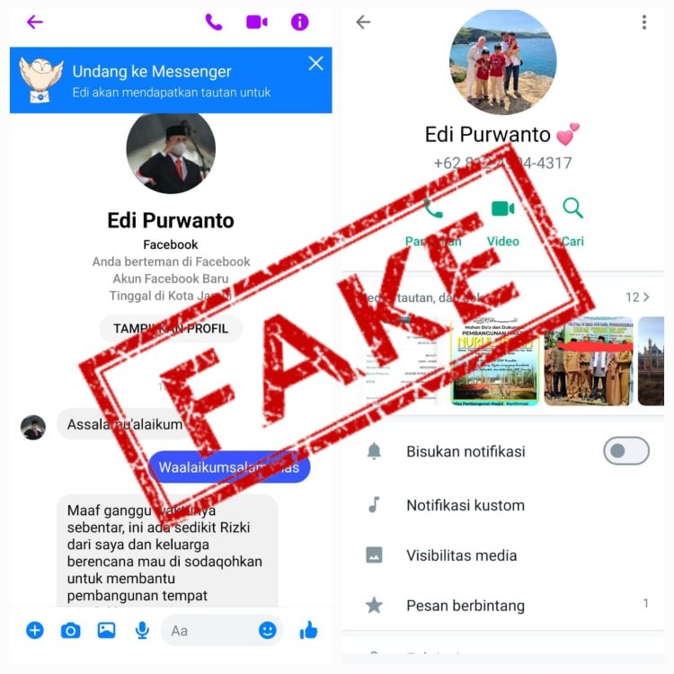 Akun Facebook dan WA mencatut Nama Ketua DPRD Jambi (dok Screenshot FB dan WA Penipu)