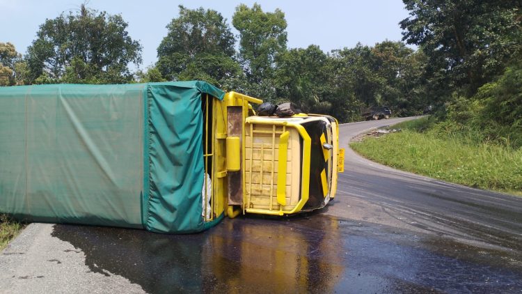 Truk yang diduga bermuatan minyak mengalami kecelakaan tunggal di Jalan Lintas Timur, KM 105, Kec, Merlung Kab. Tanjab Barat, Senin (04/08/2023) (Dok. Siklusjambi)