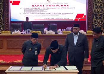 Rapat paripurna DPRD Provinsi Jambi dengan agenda pembahasan KUA dan PPAS di Gedung DPRD Provinsi Jambi Senin (9/10/2023). (Dok, Hadian)